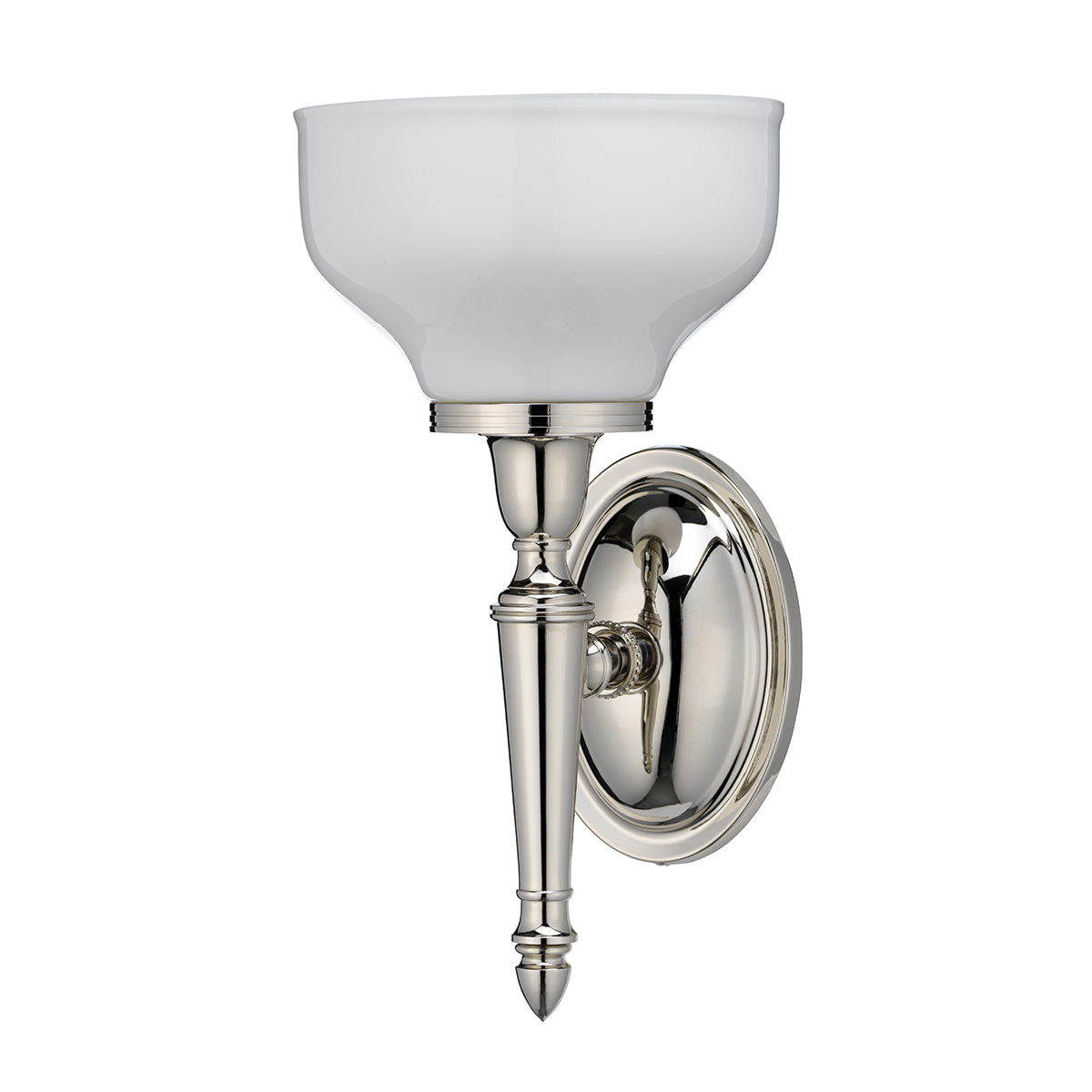 Arcade oval base with opal glass cup shade nickel